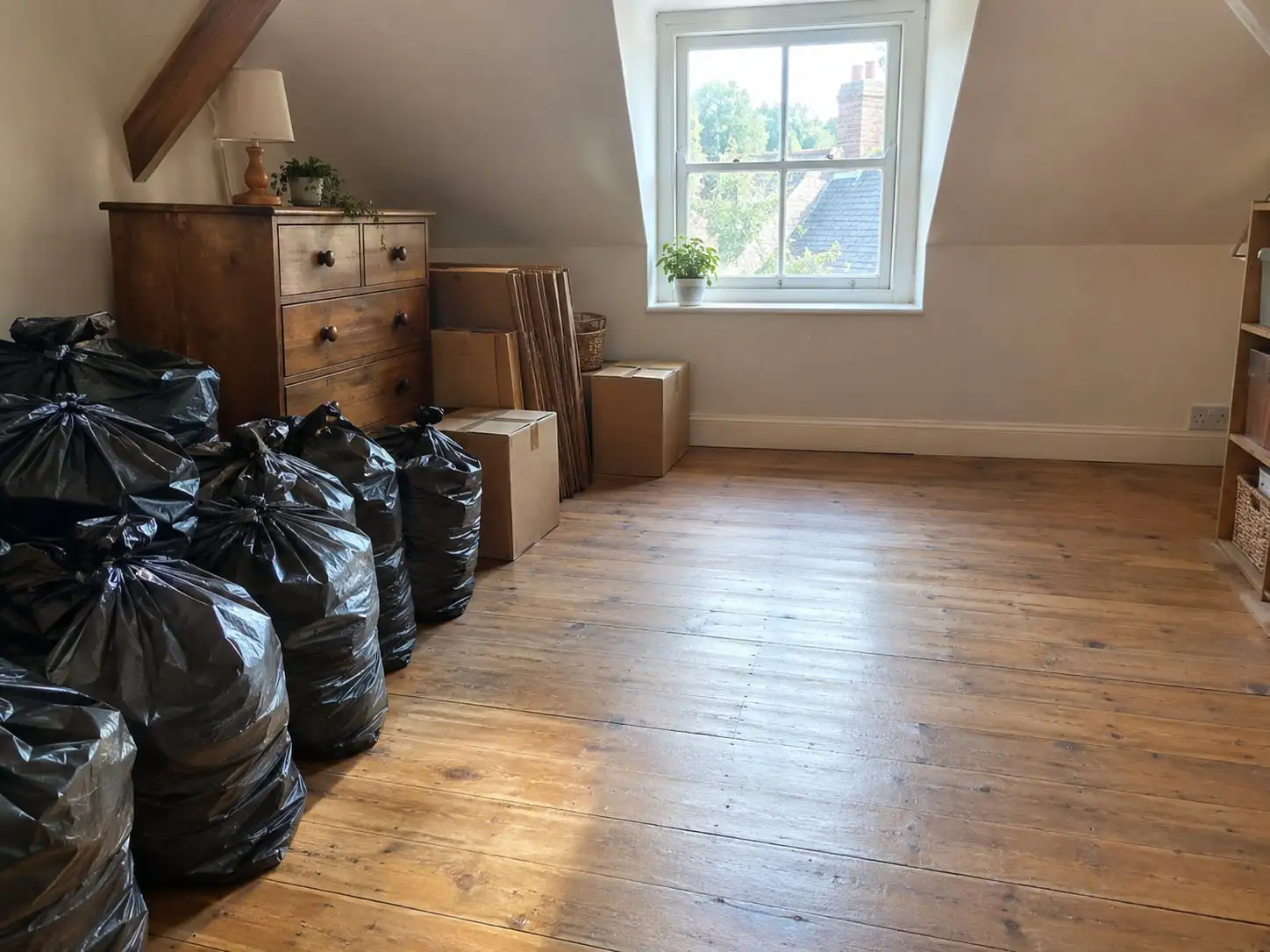 A loft room half cleared, with tied rubbish bags and boxes ready to go