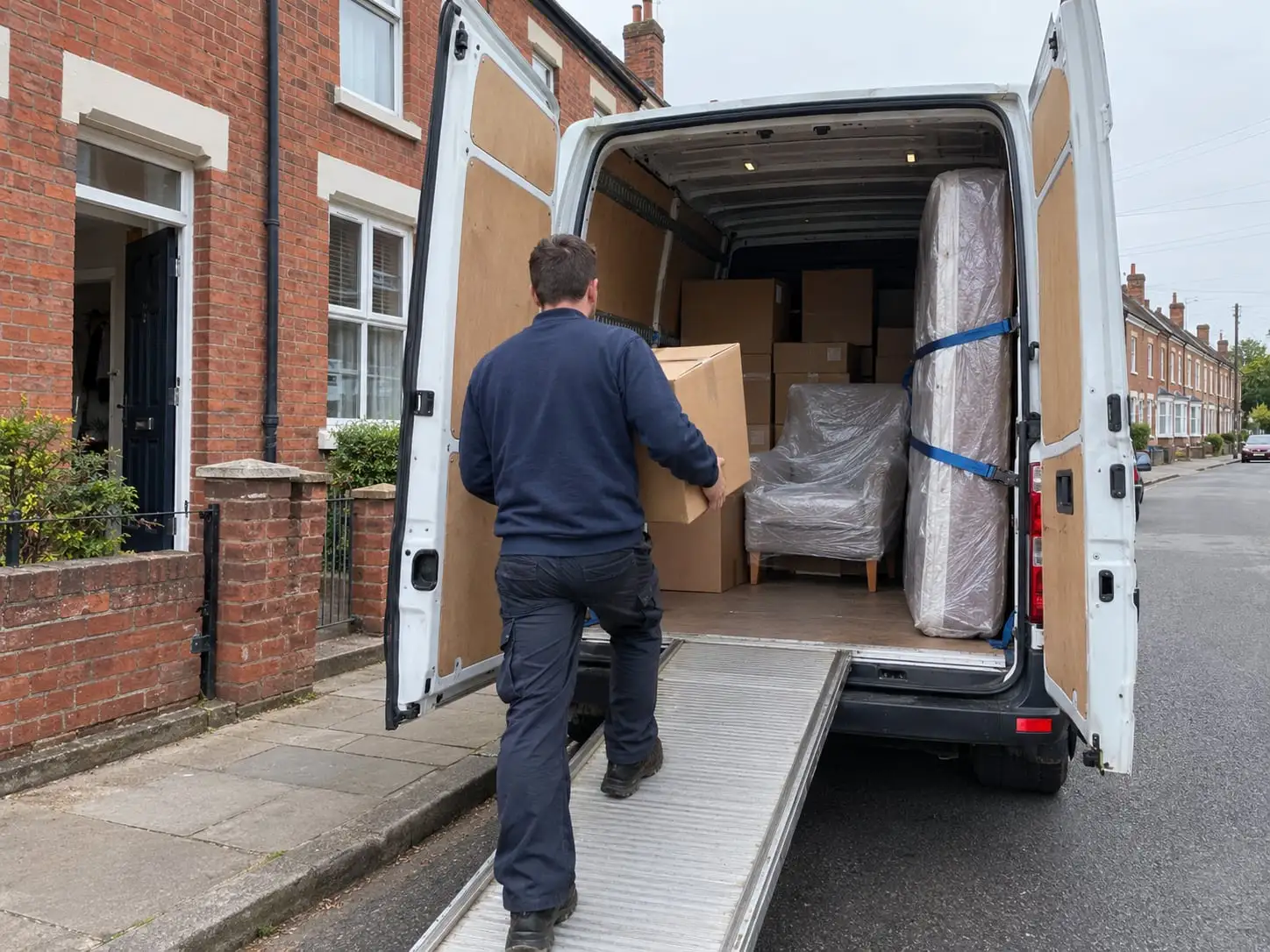A mover carrying a box up the ramp of a loaded white van on a terraced street